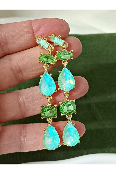 mos&more Yeşil Zirkon Taşlı Sallantılı Uzun Abiye Kadın Küpe