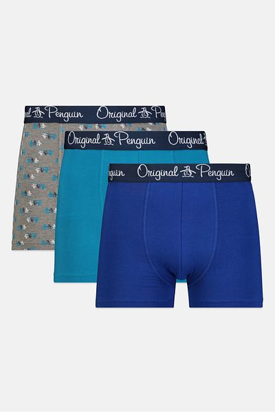 Original Penguin شورت رجالي بشعار العلامة التجارية، 3 قطع، أزرق مخضر/رمادي/كحلي