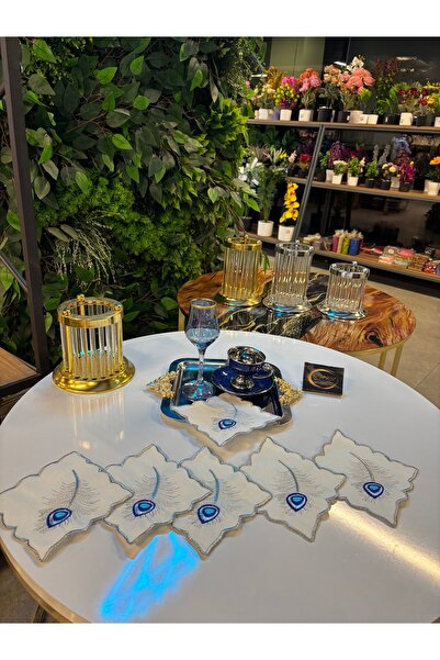 ARS HOME DEKOR منديل كوكتيل، منديل صينية قهوة مربعة الشكل باللون الفضي والأزرق الشر العين، منديل تقديم مكون من 6 قطع