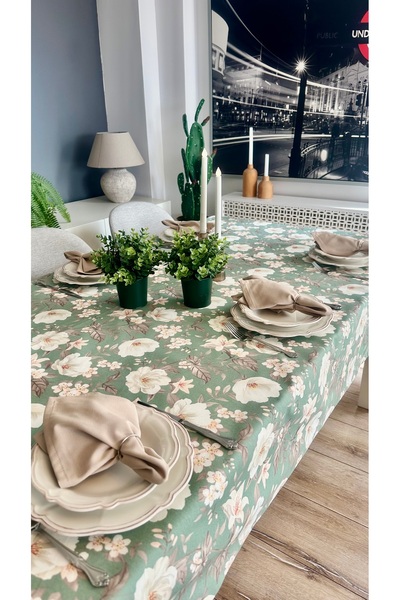 Decamor home Leke Tutmaz Çiçek Desenli Yeşil Bej Masa Örtüsü (PEÇETE DAHİL DE...