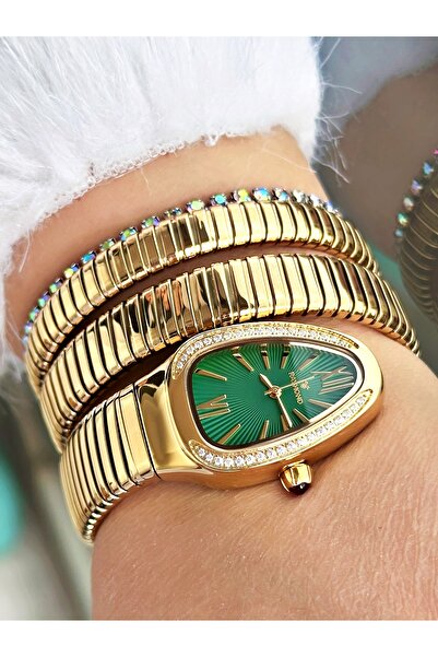 Raymond Gold Color Steel Case Cord Snake Model Stone Business Women's Wristwatch + Bracelet