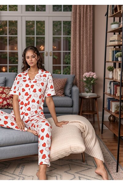 White Velvet Ženska pidžama sa crveno-belim uzorkom srca, košulja i pantalone