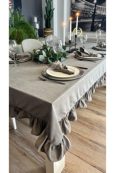 Decamor home Vintage Frilly Gray Table Cloth Carefree Stain Resistant