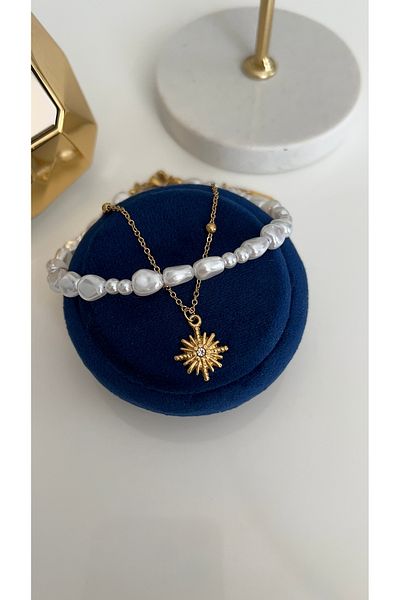 SU PERİSİ TAKI BİJUTERİ Steel Gold Pearl Detailed North Star Anklet