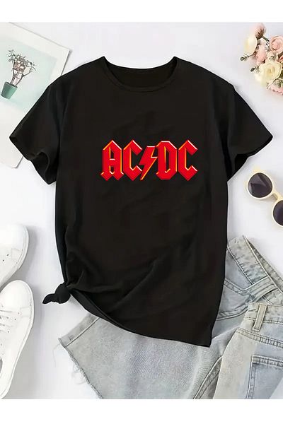 makiteks Γυναικεία / Ανδρικά μπλουζάκια με στάμπα AC DC Rock λευκό / μαύρο