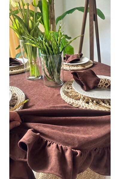 Decamor home Velvet Textured Dark Brown Ruffled Round Tablecloth Stain Resistant (Napkin Not Included)