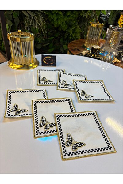 ARS HOME DEKOR منديل كوكتيل، منديل صينية قهوة مربعة بنمط فراشة منقوشة باللون الأسود الذهبي، منديل تقديم مكون من 6 قطع