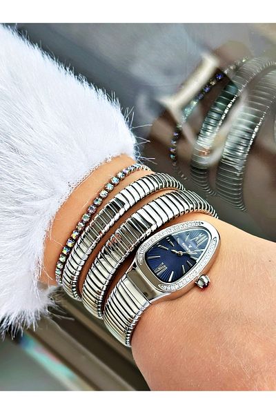 Raymond Silver Color Steel Case Cord Snake Model Stone Business Women's Wristwatch + Bracelet