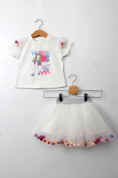 Mortex Girl Tutu Skirted Bottom-Top Suit with Pompom Birthday Party Wedding Dress