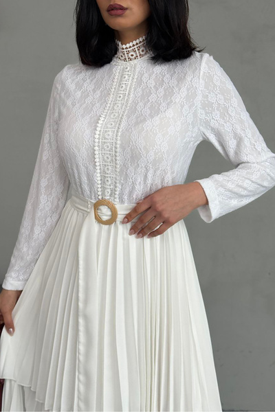 Neşeli Butik rochie lungă cu curea detaliată din dantelă din țesătură creponată NBMS2525