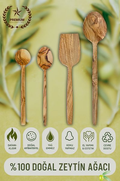 Ülgenev Set of 4 Olive Tree Spoons and Spatulas - Natural Handmade, Non-Scratching, Durable Wooden Kitchenware Set