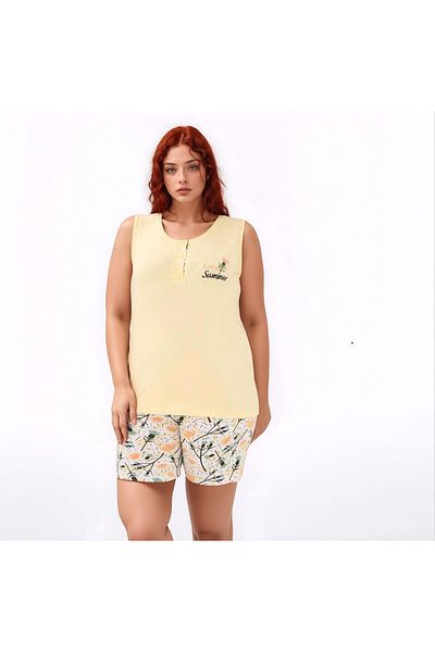 BAHHAR Women's Yellow Flowery Sleeveless Crewneck Shorts Suit with Pocketless Viscosa Shorts