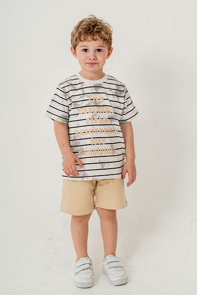 Titimixkids Boy's Striped T-Shirt Shorts Bottom Top Summer Double Set Beige