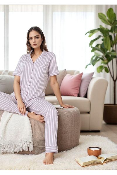 White Velvet Women's Striped Lilac Color Shirt Pants Pajama Set