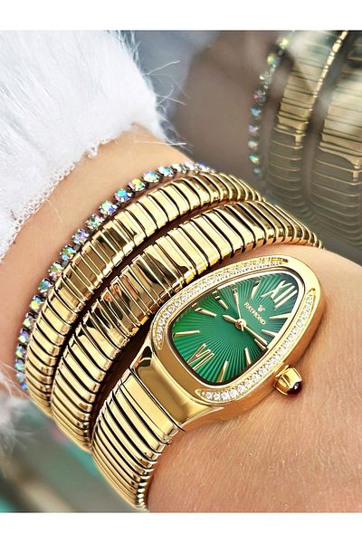 Raymond Gold Color Steel Case Cord Snake Model Stone Business Women's Wristwatch + Bracelet
