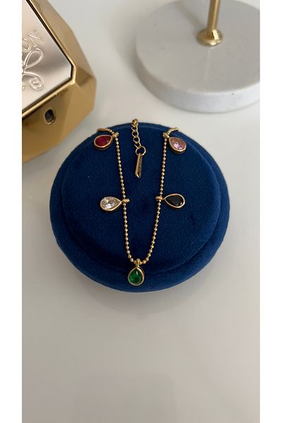 SU PERİSİ TAKI BİJUTERİ Steel Gold Colored Drop Stone Dorica Anklet
