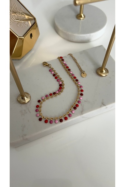 SU PERİSİ TAKI BİJUTERİ Steel Gold Pink Enamel Sequin Anklet