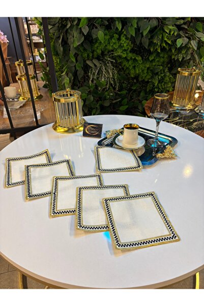 ARS HOME DEKOR Kokteyl Peçetesi,Gold Siyah Ekose Desenli Nakışlı Kare Kahve T...