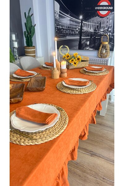 Decamor home Velvet Textured Vintage Ruffled Tile Color Tablecloth Stain-Free and Easy to Clean (Not Including Nappe)