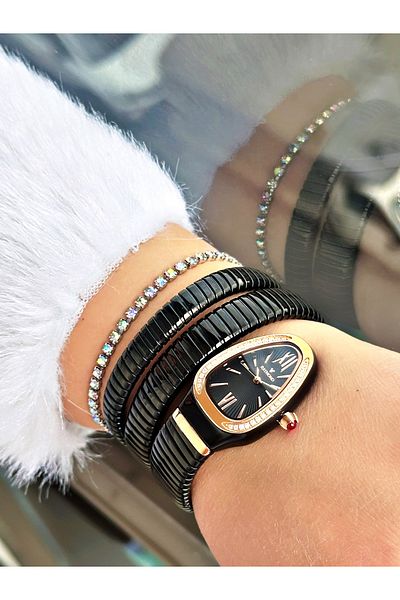 Raymond Black Color Steel Case Cord Snake Model Stone Business Women's Wristwatch + Bracelet