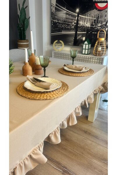Decamor home Бавовняна лляна скатертина бежевого кольору з рюшами, що не зали...