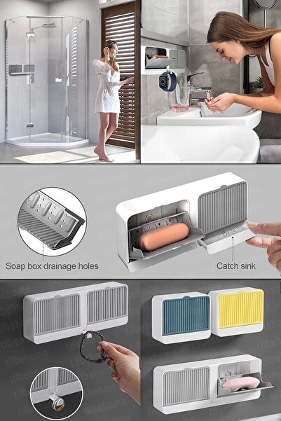 BEYZANA Yapışkanlı Çift Bölmeli Sabunluk Kapaklı Kendinden Boşaltmalı Su Tutmaz Katı Sabunluk Sabun Kutusu