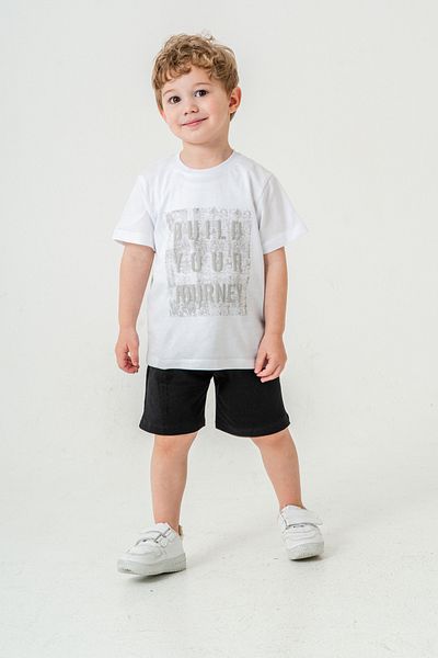 Titimixkids Boy's Embossed Printed Bottom Top Summer T-Shirt Shorts Two-Piece Set White