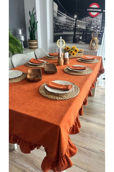 Decamor home Vintage Frilly Brick Color Table Cloth Carefree Stain Resistant