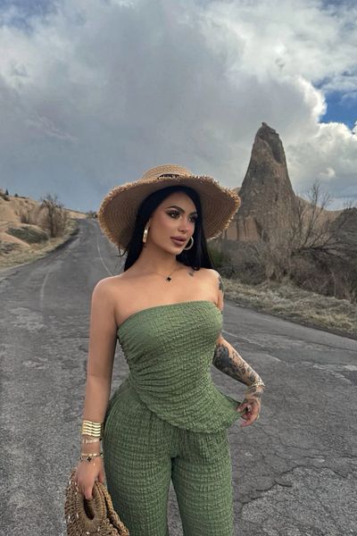 Sorridi Strapless Asymmetric Cut Seersucker 2 Piece Set