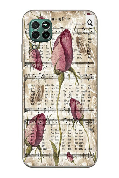 moonset Huawei P40 Lite Uyumlu Çiçek ve Notalar Tasarımlı Baskılı Şeffaf Tele...