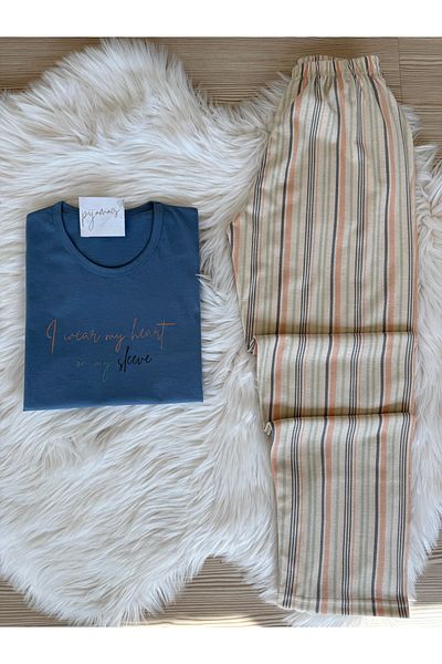 Pijamacs Set de pijamale tricotate cu mâneci scurte din bumbac cu dungi albastre