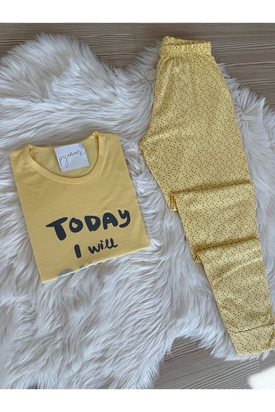 Pijamacs Set de pijamale tricotate cu mâneci scurte din bumbac cu buline galbene