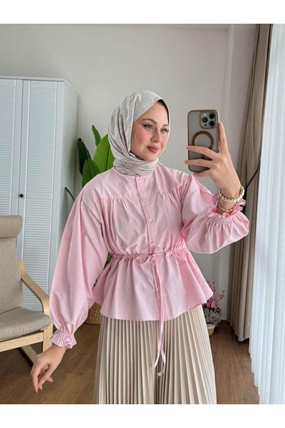 Trenddolabı Women's Skirt Top with Tunnel Waist Hijab Short Shirt Pink