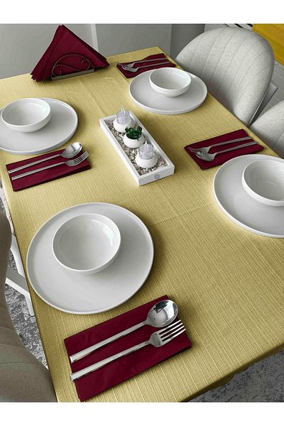 FAVOLLİ Linen Textured Oil Green Tablecloth Carefree