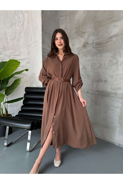 Elif Özbey Butik Кафява рокля-риза с колан