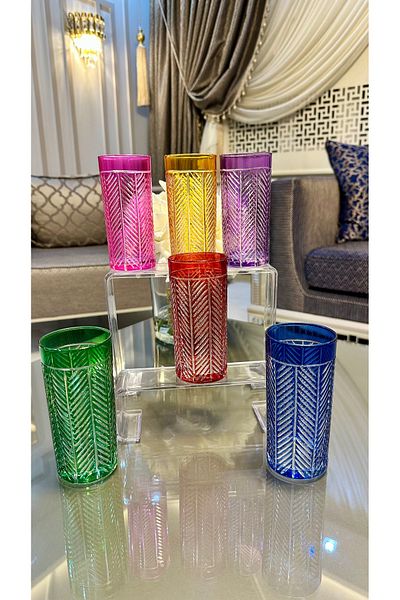 Vakıf home 6 Pieces Colorful Cutting Handcrafted Ahenk Model Soft Drink Coffee Side Water Glass