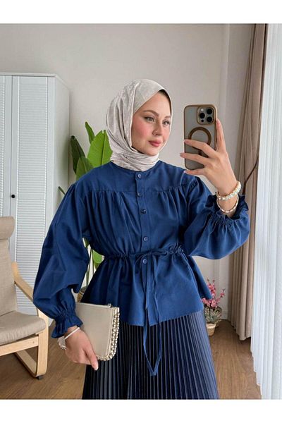 Trenddolabı Cămașă scurtă Hijab pentru femei, cu fustă peste talie, bleumarin
