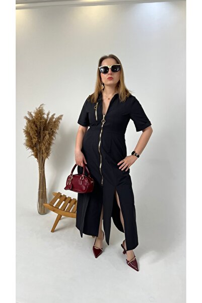 Klein Yırtmaçlı Slim Fit Siyah Uzun Gömlek Elbise