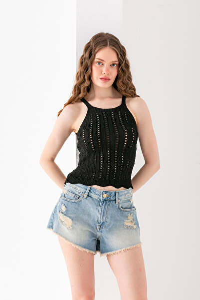 Wega Moda Κρεμαστό μοτίβο με κούφιο μοτίβο Crop μπλούζα Halter γιακά, διάτρητ...