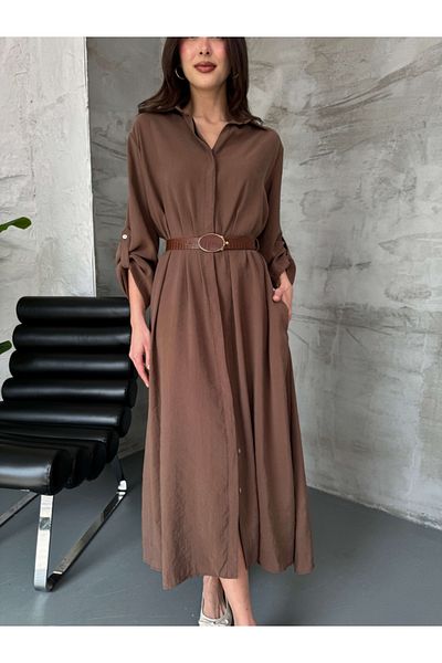 Elif Özbey Butik Кафява рокля-риза с колан