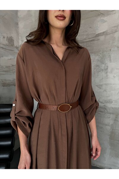Elif Özbey Butik Kahve Kemerli Gömlek Elbise