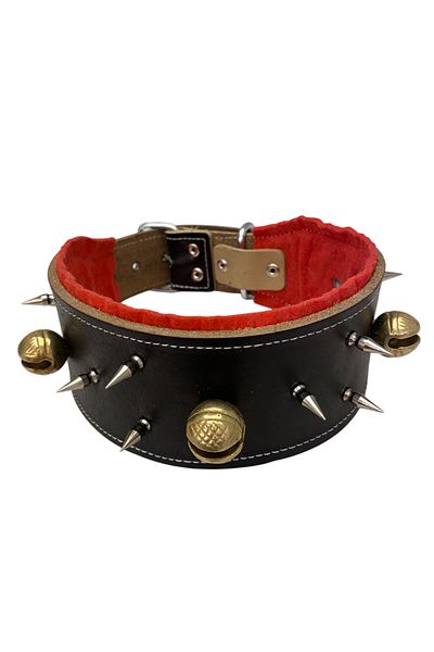 Sürmeli Tasma Kangal Dog Collar Studded with 3 Bells Genuine Leather
