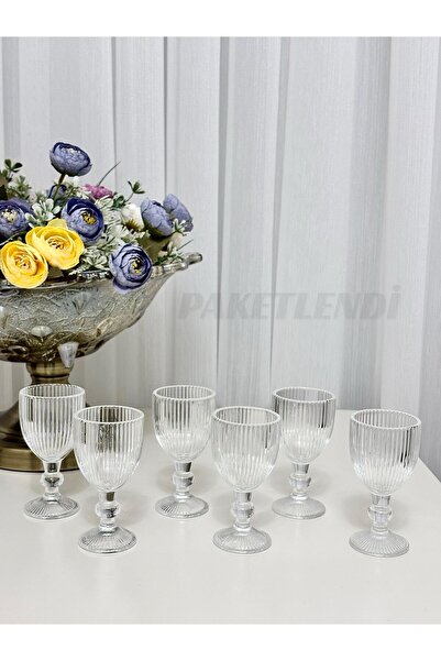 PAKETLENDİ Çizgili Ayaklı 6 lı 80ml Kristal Cam Kahve Yanı Su Bardağı