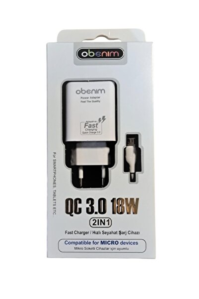obenim Hızlı Şarj Cihazı Micro Girişli Tüm Cihazlara Uyumlu 18w Hızlı Şarj Adaptör Kablo Set 1 Metre Beyaz