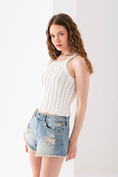 Wega Moda Perforated Patterned Strap Crop Blouse Halter Neck, Perforated Summer Cotton Model