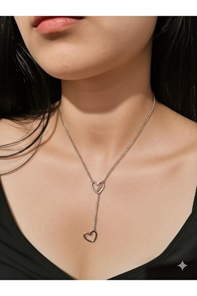 Miyoste Trend Şık Tasarım Kalpli Sevgili Kolyesi Çift Kalpli Kolye
