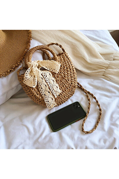 seltuğ Şık Açık Kahverengi Beyaz Dantel Fiyonk, İpli Kapatma, Günlük Plaj Tot...