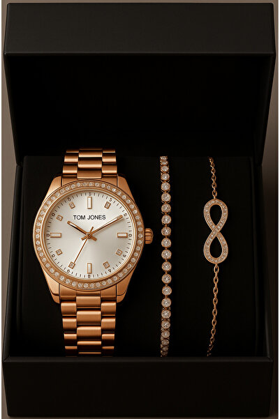 Tom Jones ساعة يد نسائية ماركة روز جولد مع صندوق هدايا سوار من حجر الممر الما...