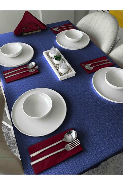 FAVOLLİ Navy Blue Linen Textured Table Cloth Carefree