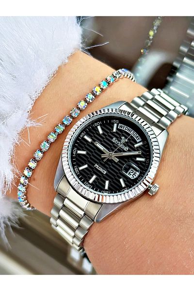 Raymond Silver Color Classic Model Steel Case Cord Women Wristwatch + Bracelet
